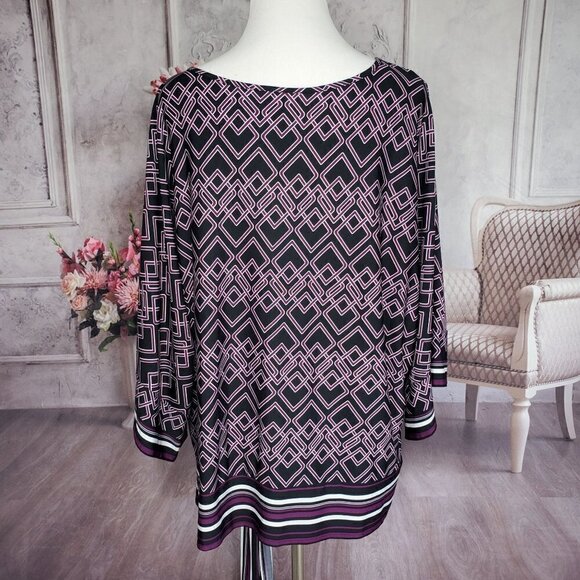 PerSeption Black Purple Geometric Scoop Neck Kimono Sleeve Plus Size 2X Blouse - Picture 7 of 9
